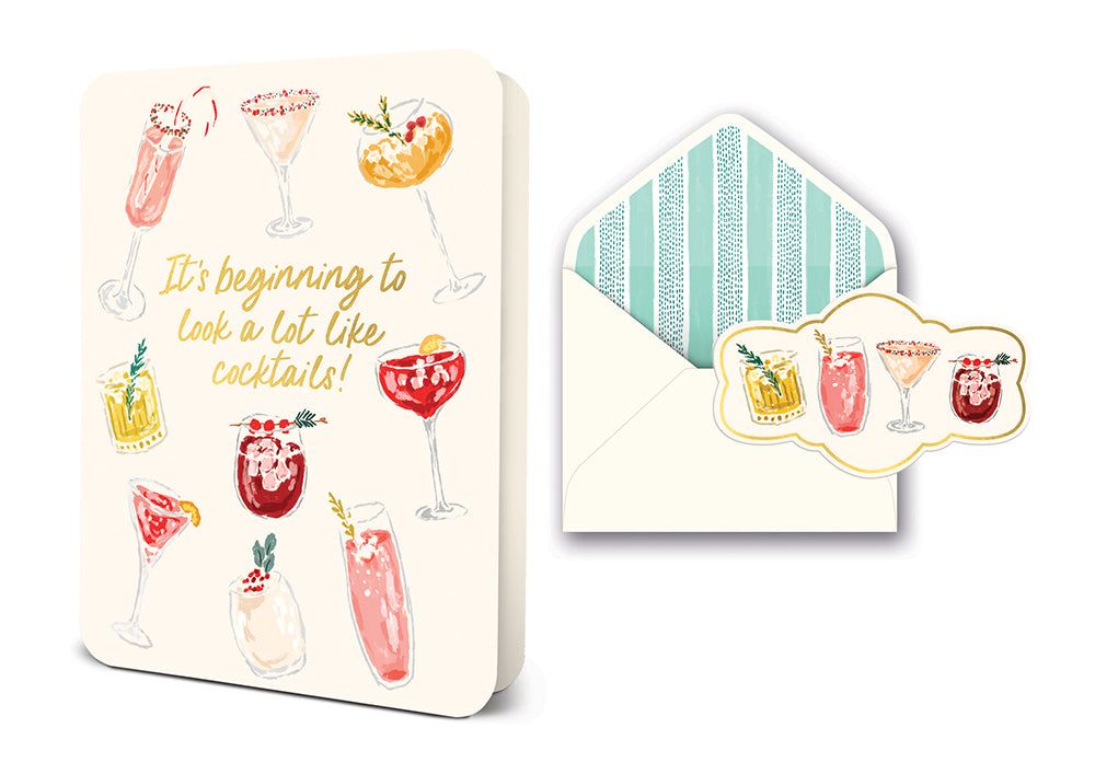 Greeting card with cocktail illustrations and text It is beginning to look a lot like cocktails with matching envelope