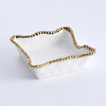Ceramic white decorative square dish featuring a gold beaded scalloped rim and a glossy finish with subtle textured sides
