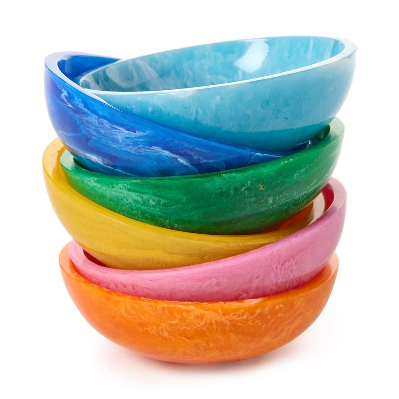 A stack of six vibrant marbled resin bowls featuring an ombre color progression from orange through pink, yellow, green, deep blue, and light blue against a clean white background