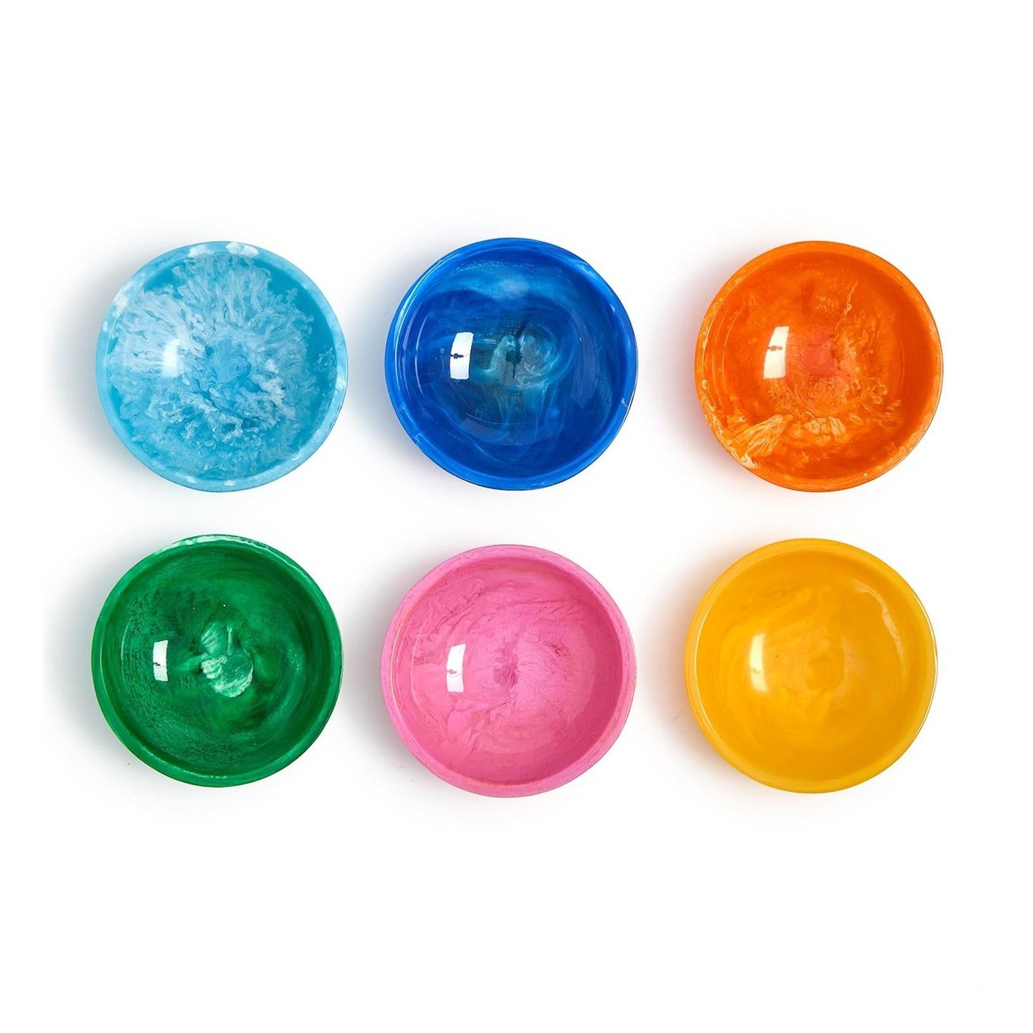 Six vibrant marbled resin bowls on a white background, arranged in two rows, showcasing colors like light blue, dark blue, orange, green, pink, and yellow