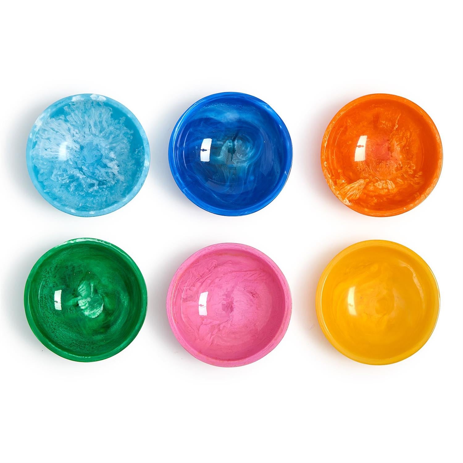 Six vibrant marbled resin bowls on a white background, arranged in two rows, showcasing colors like light blue, dark blue, orange, green, pink, and yellow