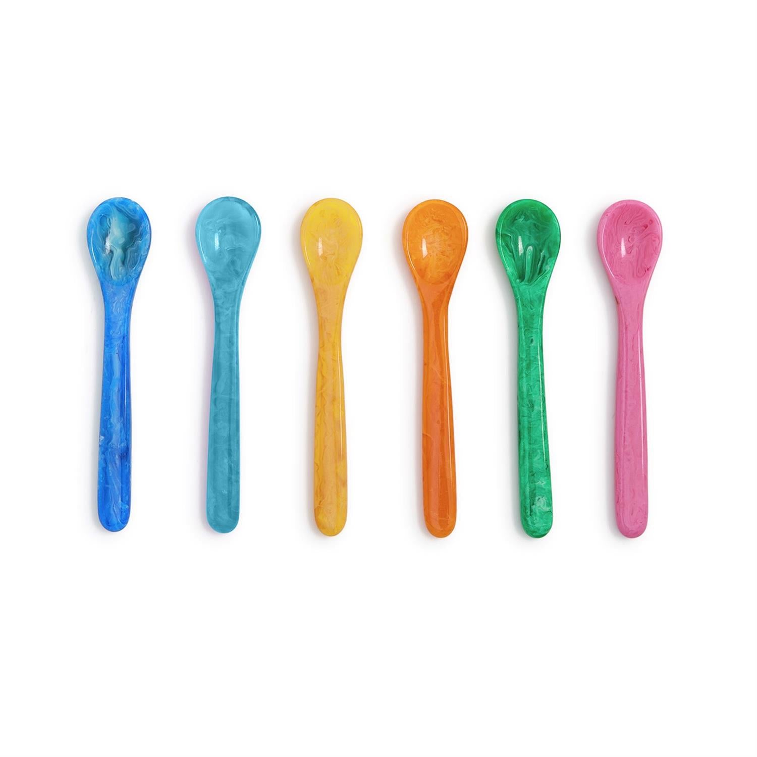 Six colorful marbled resin spoons in blue light blue yellow orange green and pink arranged in a row