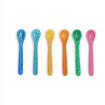 Photograph of six brightly colored marbled plastic spoons arranged vertically on a white background showcasing vibrant blue, teal, yellow, orange, green, and pink swirling patterns