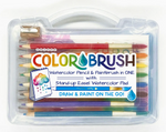 Clear plastic carrying case containing watercolor pencils and a small easel pad