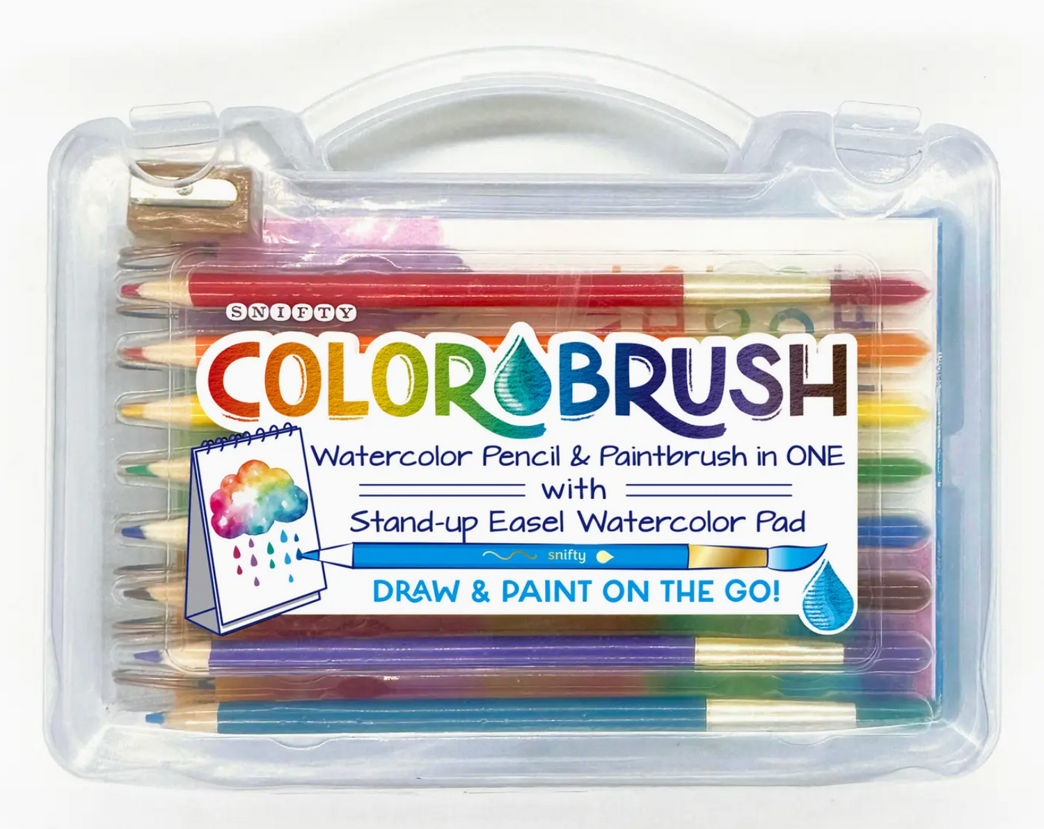 Clear plastic carrying case containing watercolor pencils and a small easel pad