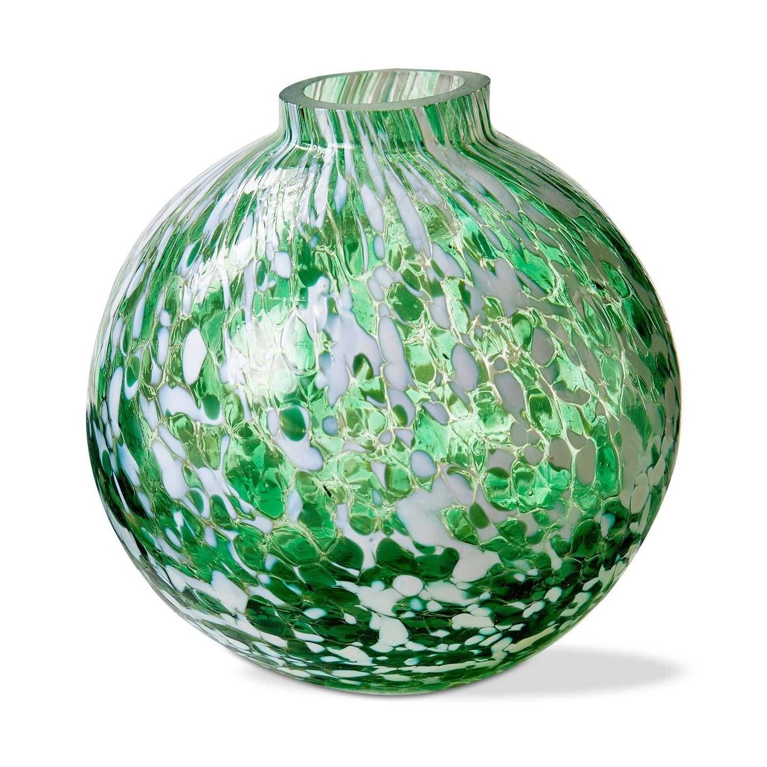 Blown art glass vase with a rounded form showcasing a vibrant green and white mottled pattern and a narrow neck