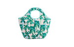 Fabric tote bag featuring a vibrant pink and green palm tree pattern with aqua blue trim and die-cut handles