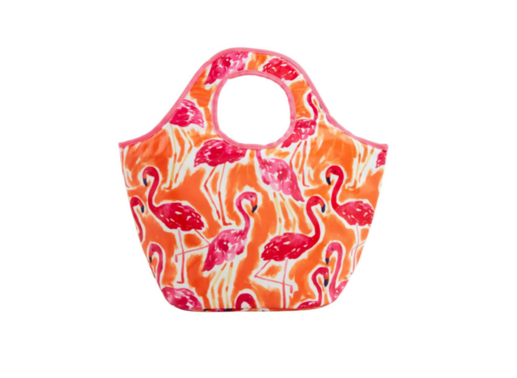 Fabric tote bag featuring a vibrant pink flamingo pattern over an abstract orange and white background with distinctive circular handle cutouts and pink trim