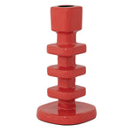 Ceramic bright red candlestick holder featuring a glossy finish and stacked geometric square shapes