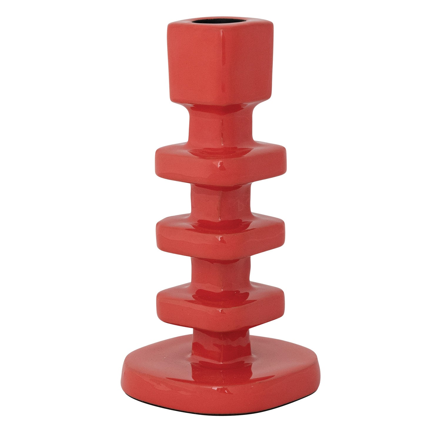 Ceramic bright red candlestick holder featuring a glossy finish and stacked geometric square shapes