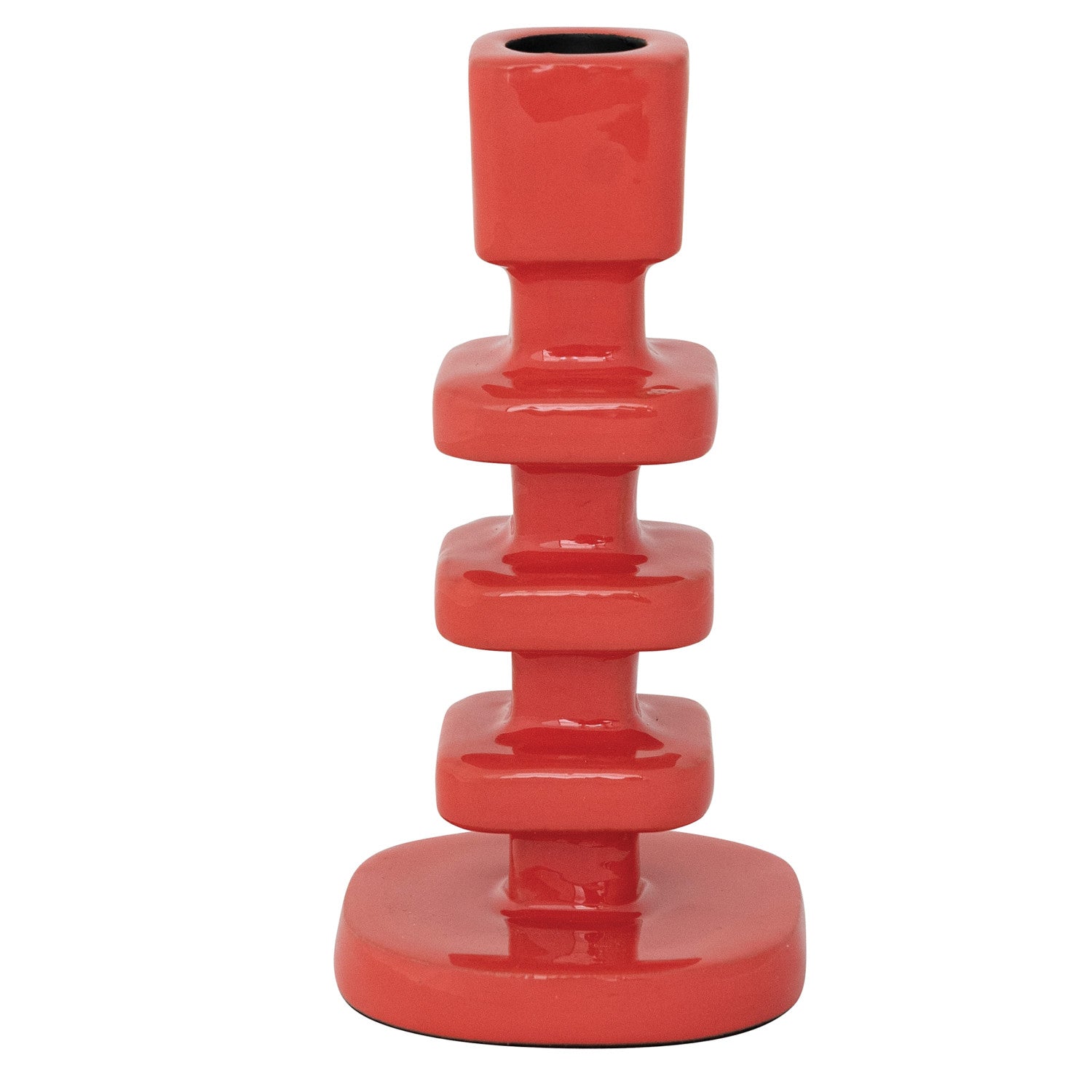 Vibrant red glossy ceramic mid-century style candle holder featuring stacked geometric square forms and a contrasting black opening at the top