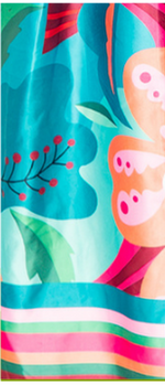 Digital illustration of a vibrant tropical floral and butterfly pattern on an aqua background featuring an orange butterfly shape red berries and a multi-colored striped border