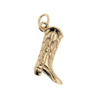 Gold charm featuring a detailed cowboy boot with intricate decorative stitching and a prominent top bail loop