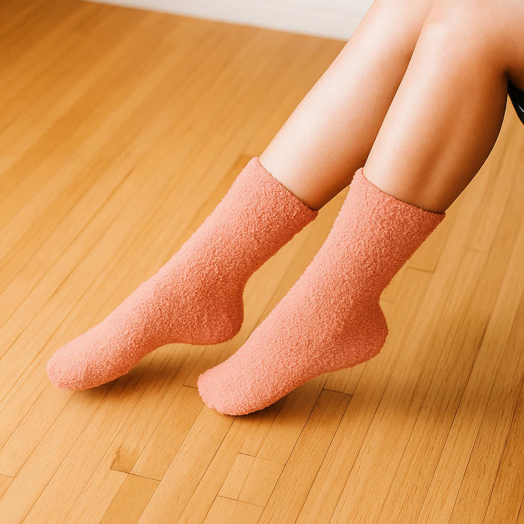 A person's legs and feet wearing fuzzy peach-colored socks resting on a light brown wooden floor