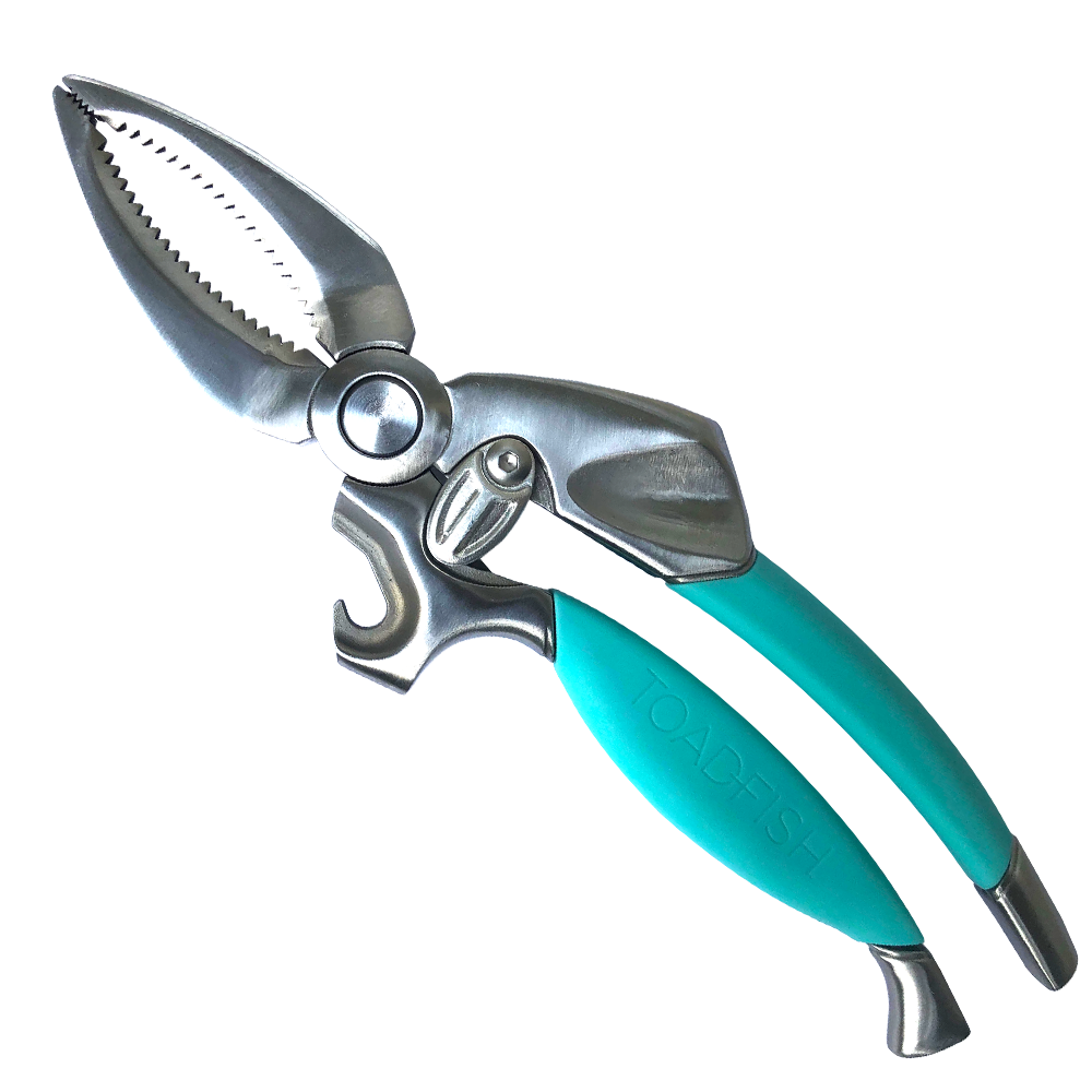 Stainless steel fishing pliers with teal rubberized handles