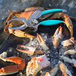 Toadfish crab cutter tool resting on a cooked crab and crab claws on ice
