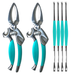 Two stainless steel Toadfish crab crackers with teal handles and four matching Toadfish seafood forks