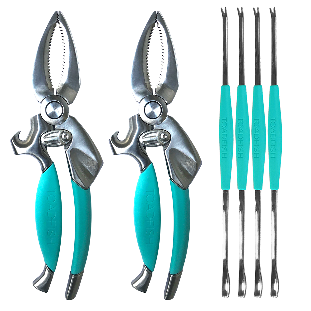 Two stainless steel Toadfish crab crackers with teal handles and four matching Toadfish seafood forks