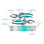 Product photography of a Toadfish teal-handled stainless steel seafood tool set featuring two crab crackers with serrated jaws, built-in bottle openers, and three multi-purpose forks with scooping ends