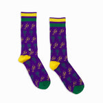Purple crew socks with yellow and green crawfish pattern and striped cuffs