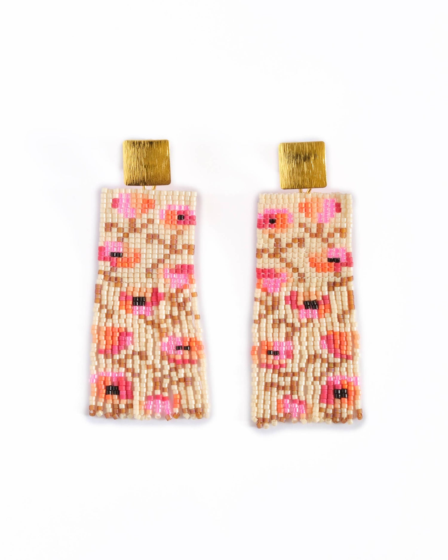 Cream/Pink - Poppy Flower Fringe Earrings