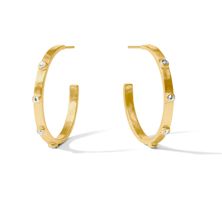 Gold hoop earrings with embedded round white stones