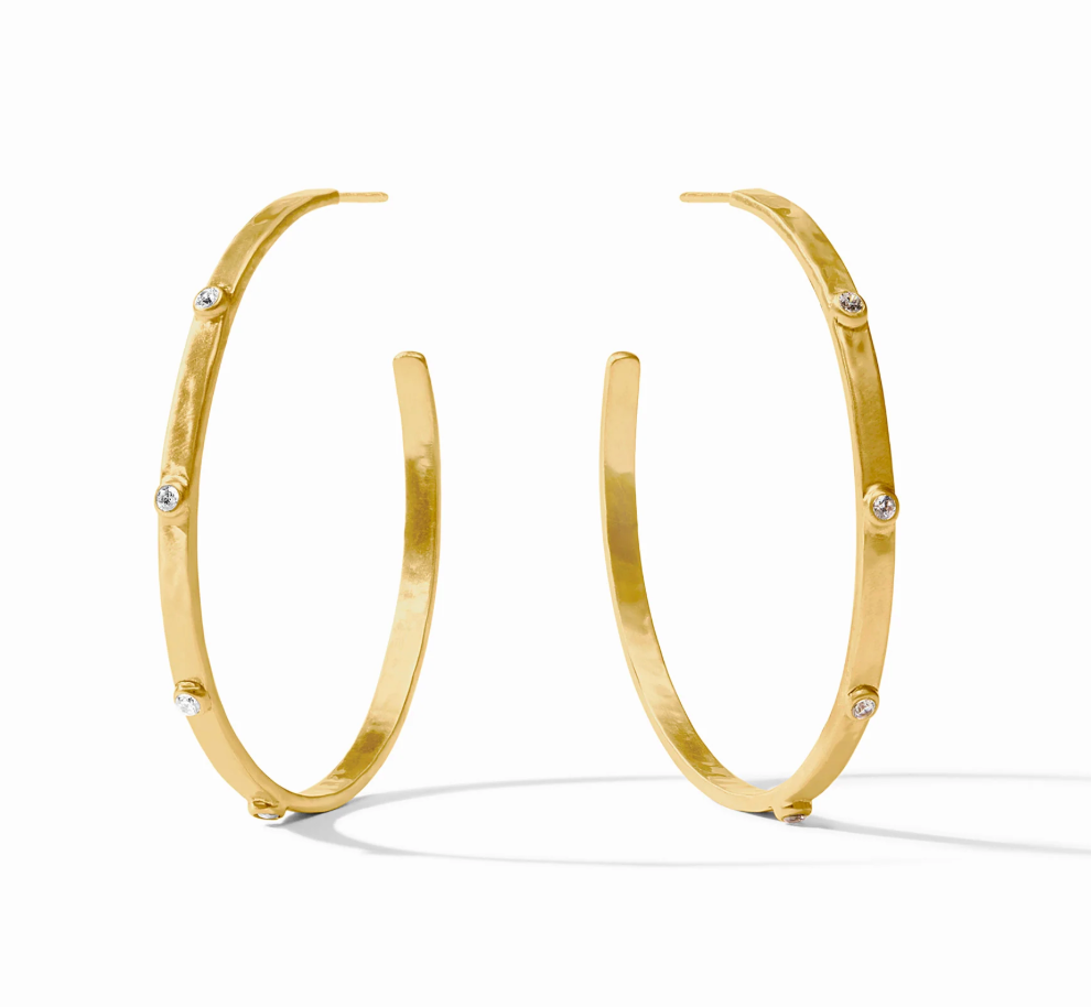 Gold hoop earrings with embedded small clear stones