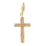Gold jewelry featuring a polished gold cross charm with a lustrous finish, simple rounded edges, and a small hoop attachment against a white background