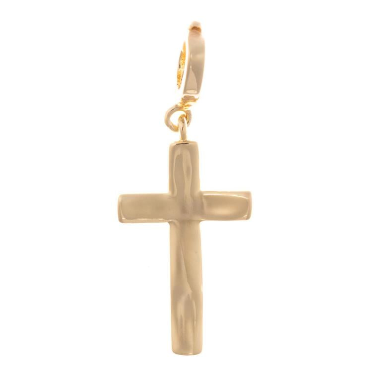 Gold jewelry featuring a polished gold cross charm with a lustrous finish, simple rounded edges, and a small hoop attachment against a white background