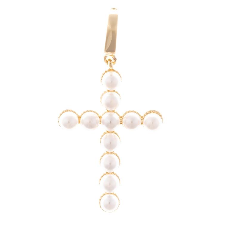 Gold and pearl jewelry cross charm featuring round white pearls individually set in a gold frame with a polished gold bail at the top