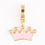Gold-plated charm featuring a pink enamel crown design with five clear cubic zirconia stones