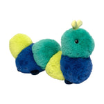 Plush toy segmented caterpillar with fluffy blue, green, and lime green body sections, tiny black eyes, and two yellow antennae