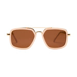 Product photography I-SEA sunglasses with light pink geometric frames, brown lenses, and a gold double bridge