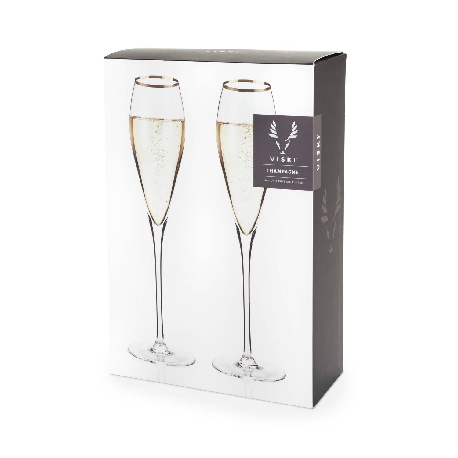 Product photography of a white and dark grey VISKI brand box displaying two elegant crystal champagne flutes with shimmering gold rims filled with effervescent golden liquid against a pristine white background