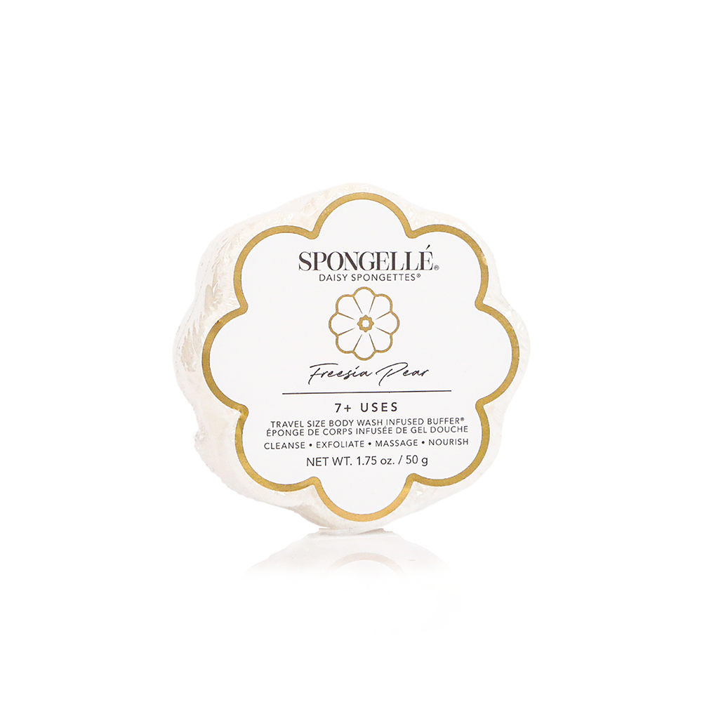 Spongelle Freesia Pear travel size body wash infused buffer in flower shape