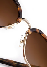 Digital photograph by DAKOTA REVIVAL a close-up of tortoiseshell sunglasses with brown tinted lenses gold metal frames clear nose pads and the DAKOTA REVIVAL brand name visible on the temple against a white background