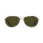 Aviator-style sunglasses with green and black tortoiseshell frames, a gold metal bridge, and dark green lenses