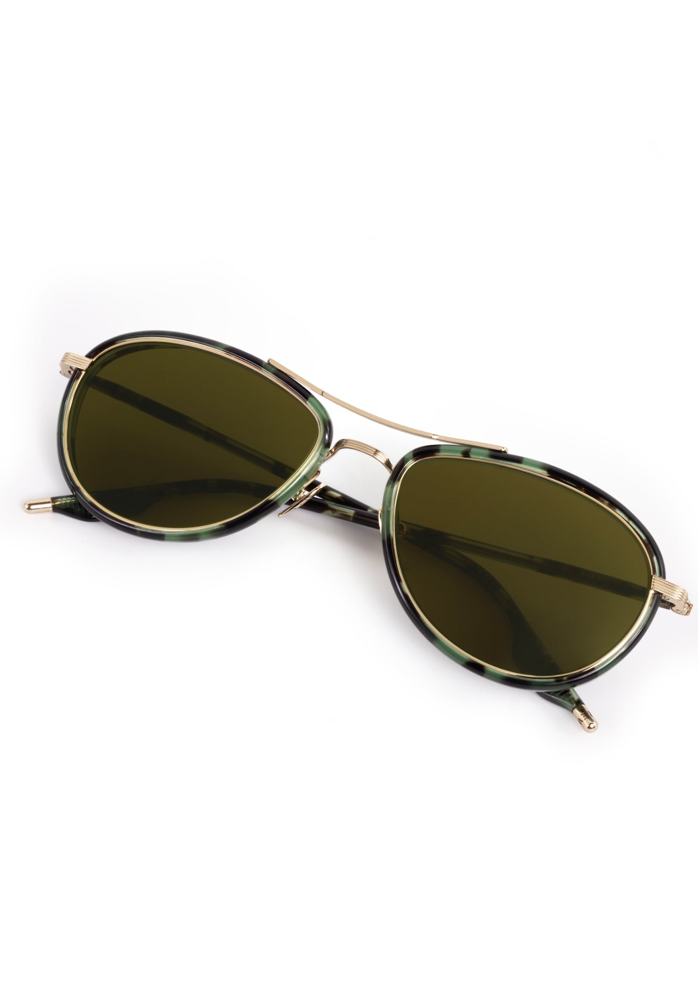 Product Photography a pair of aviator sunglasses featuring green tortoise shell frames gold metal details and dark green lenses