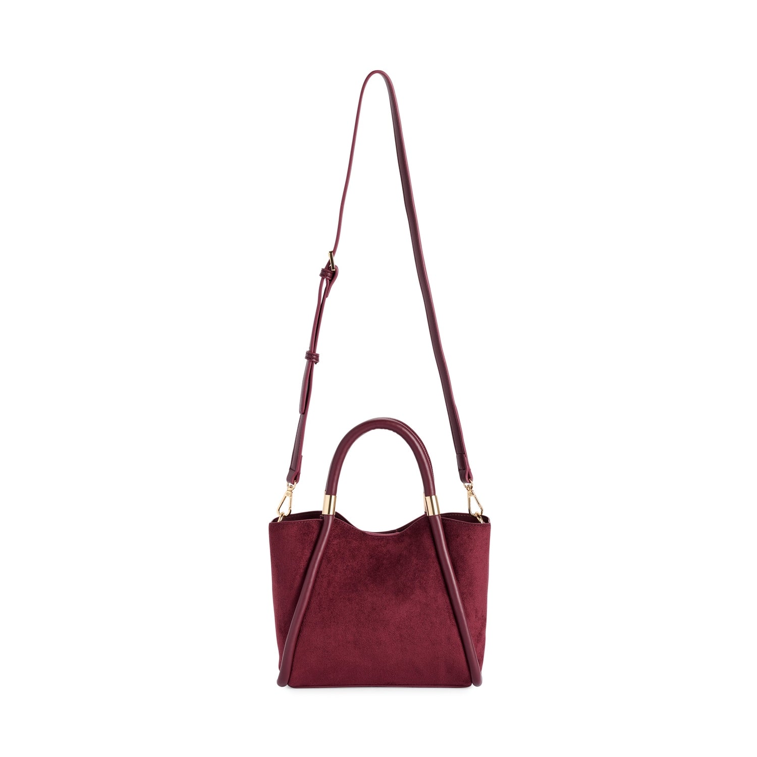 Burgundy suede handbag with top handles and an adjustable shoulder strap