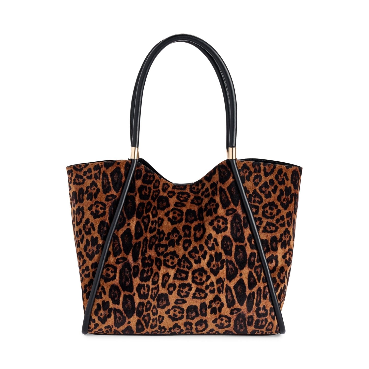 Leopard print tote bag with black leather handles