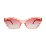 Digital photograph of cat-eye sunglasses with a gradient peach frame and pink to light blue gradient lenses