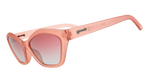 Product photo, goodr matte peachy pink cat-eye sunglasses with gradient pink to light blue-grey lenses and a silver goodr logo on the temple