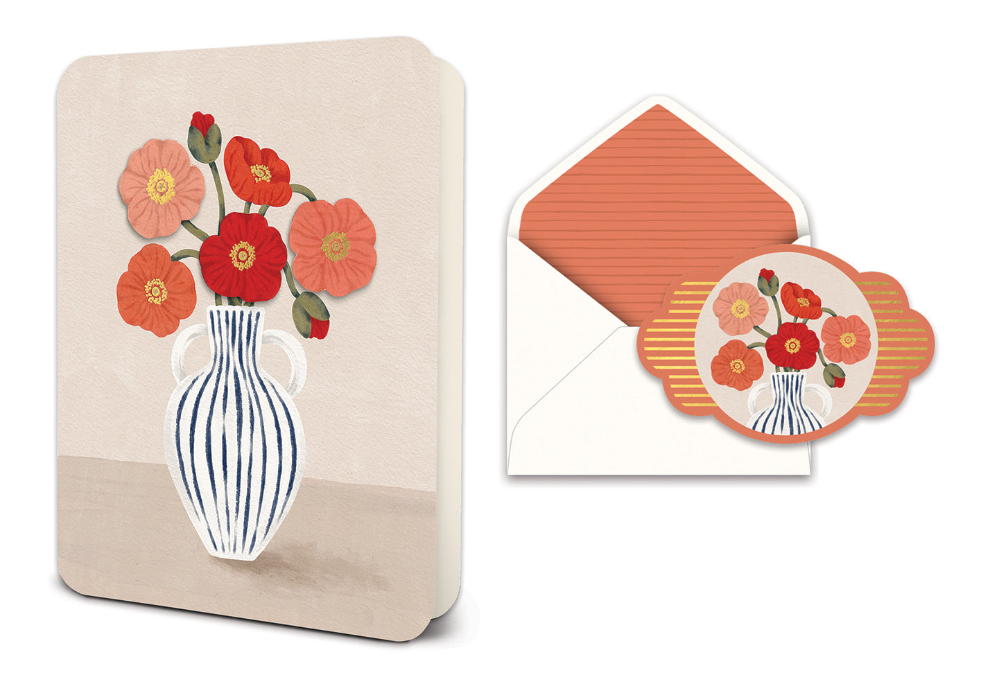 Greeting card and envelope featuring a blue and white striped vase with red and orange poppies