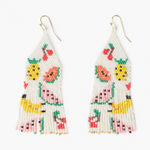 Beaded fringe earrings with gold hooks on a white background depicting colorful cherry pineapple watermelon banana and popsicle motifs