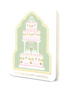 Wedding greeting card with a three tier cake illustration and two swans