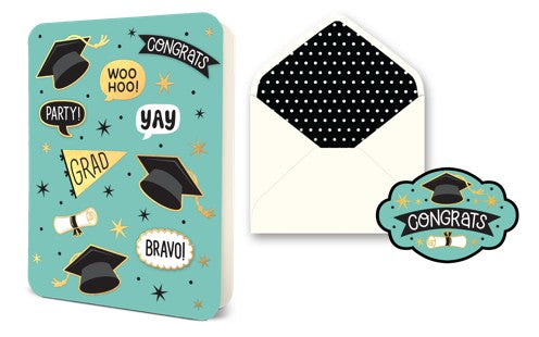 Graduation greeting card with envelope featuring mortarboards and celebratory text on a teal background