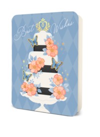 Greeting card with a tiered cake illustration decorated with orange flowers and blue butterflies on a blue background