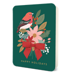 Green holiday card with a red bird and floral bouquet illustration and a red ribbon
