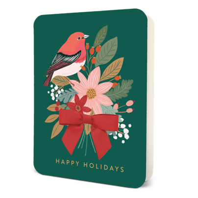 Green holiday card with a red bird and floral bouquet illustration and a red ribbon