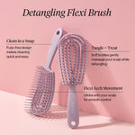 Digital graphic by Kitsch featuring two lavender Detangling Flexi Brushes, one paddle-style and one with an arched open design and soft white-tipped flexible bristles, presented on a pastel pink background with the title Detangling Flexi Brush and product feature callouts